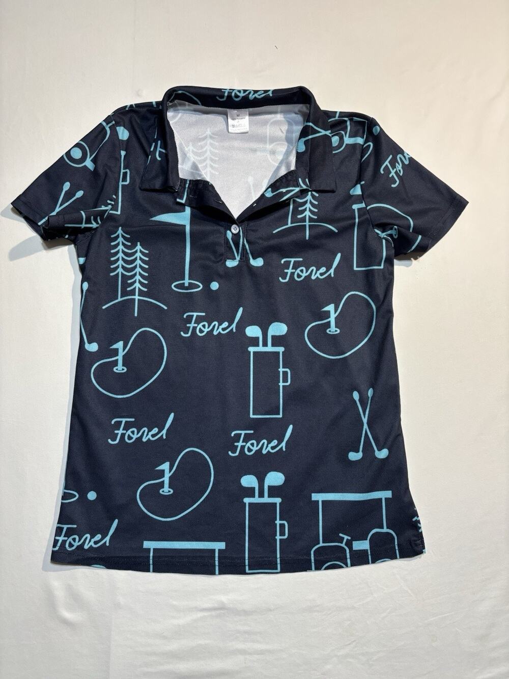 Women’s Golf Polo Shirt Medium Blue Black Novelty Golf Print Top